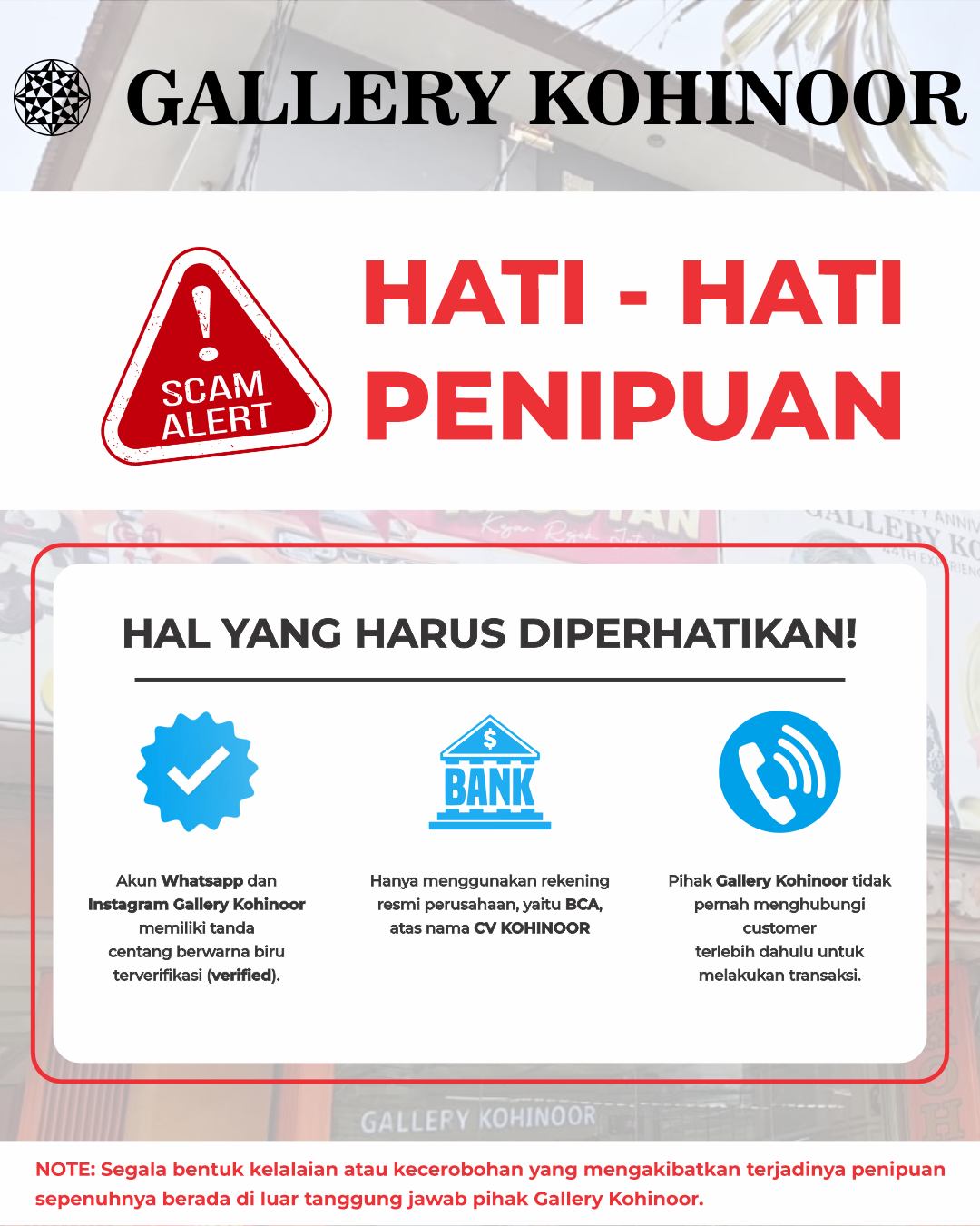 Kabar baik untuk para SobatGK yang sedang berulang tahun🥰😍
Kini rayakan hari spesial ulang tahunmu bersama Gallery Kohinoor dengan benefit seperti double point, free cuci perhiasan dan juga potongan harga untuk laser di transaksi pertama pada bulan kelahiranmu.
Join member sekarang dan nikmati benefit lainnya. 🥰😍
S&K Berlaku.
More Info : ⤵️⤵️⤵️
Whatsapp : 087869999909
Our outlets :
Gallery Kohinoor : Jl. Sulawesi No. 106-108, Denpasar, Bali. (0361)237925
.
New Gallery Kohinoor : Jl. Sulawesi No. 80, Denpasar, Bali. (0361)8486111
.
Gallery Kohinoor Teuku Umar : Jl. Teuku umar No. 14, Denpasar, Bali. (0361)8488999
#tokoemasbali #gallerykohinoor #goldshop #goldjewellry #promo