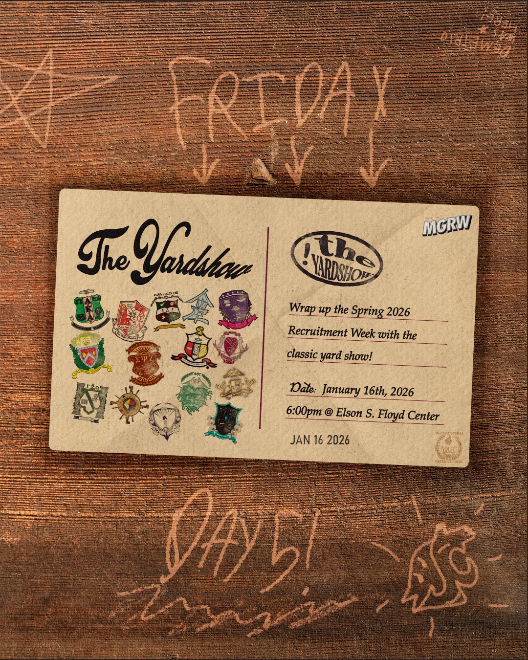 Greetings from P-Town, IT’S MGRW SEASON!
It’s officially that time of year again here at MGC, 5 days, 5 events and UNLIMITED OPPORTUNITIES to get to know the MGC community here at Washington State University!
📆WEEKLY SCHEDULE📆
MONDAY - CD Painting💿
Join us in custom painting your own CD with the MGC community!
Elson S Floyd Center - 6:00pm
TUESDAY - Smores n Games⛺️
Enjoy some smores and board games with the MGC community!
Elson S Floyd Center - 6:00pm
WEDNESDAY - Service Night🧶
Help us make blankets for the WSU Humane Society!
Elson S Floyd Center - 6:00pm
THURSDAY - Karaoke Night🎤
Sing some songs with members from MECHA, BSU and APASC!
Elson S Floyd Center - 6:00pm
FRIDAY - The Yardshow🪩
Come watch our MGC orgs stroll and show off a special piece of MGC culture!
Elson S Floyd Center - 6:00pm
We can’t wait to see you all there!
@wsu.ataus @wsu_anu @aka_kappasigma @kappapi_nupes @wsuchisigs @wsu.syz @gaowsu @kdchi_wsu @wsu.chidsig @oemete @wazzulambdas @lta_zetasigma @wazzugammas @galloswsu @wsu.odphi